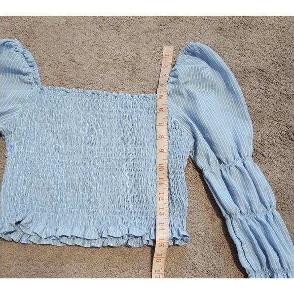 Storia Women's Blue Striped Stretch Crop Top w/Puff & Stretch Sleeves Size S - Picture 7 of 8